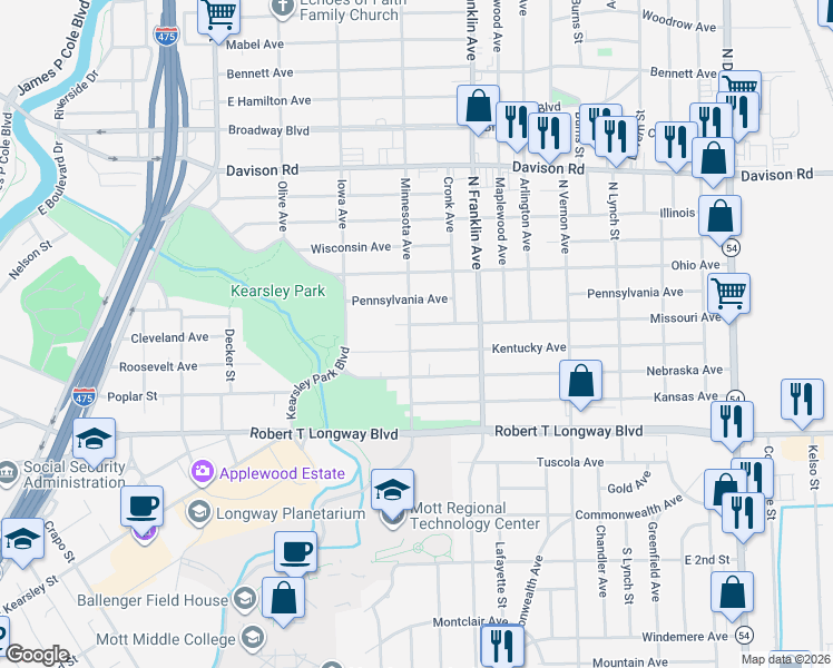map of restaurants, bars, coffee shops, grocery stores, and more near 1721 Missouri Avenue in Flint