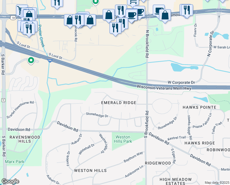 map of restaurants, bars, coffee shops, grocery stores, and more near 19280 Emerald Drive in Brookfield