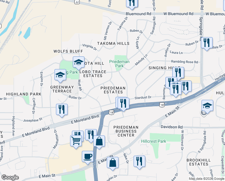 map of restaurants, bars, coffee shops, grocery stores, and more near 1933 Rustic Way in Waukesha