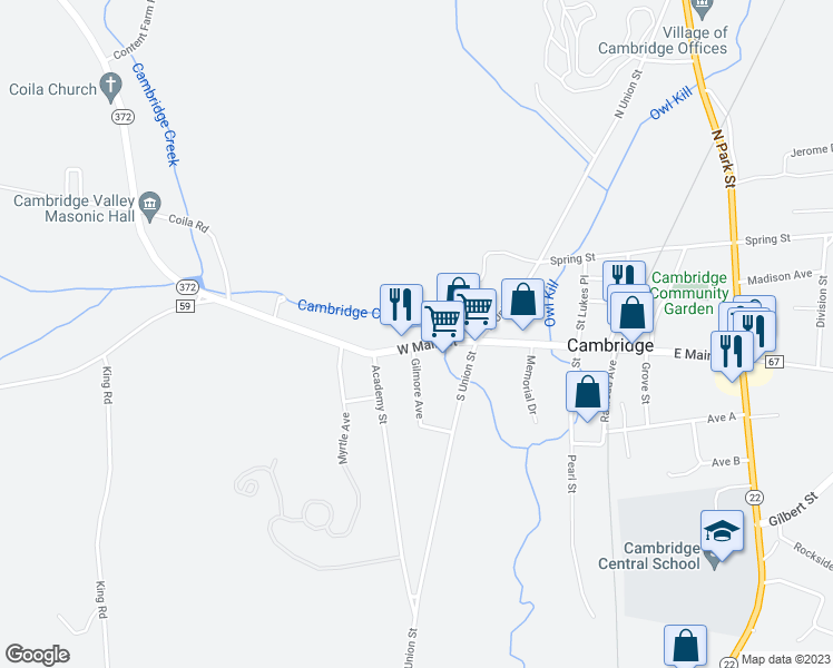 map of restaurants, bars, coffee shops, grocery stores, and more near 104 West Main Street in Cambridge