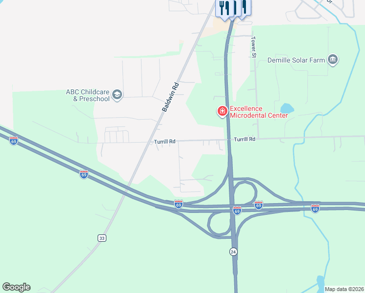 map of restaurants, bars, coffee shops, grocery stores, and more near 1098 Turrill Road in Lapeer