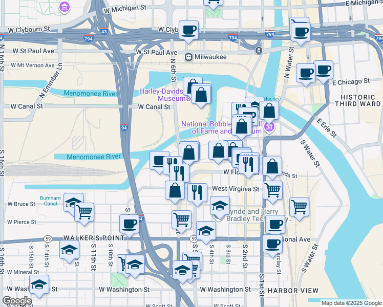 map of restaurants, bars, coffee shops, grocery stores, and more near 511 West Freshwater Way in Milwaukee