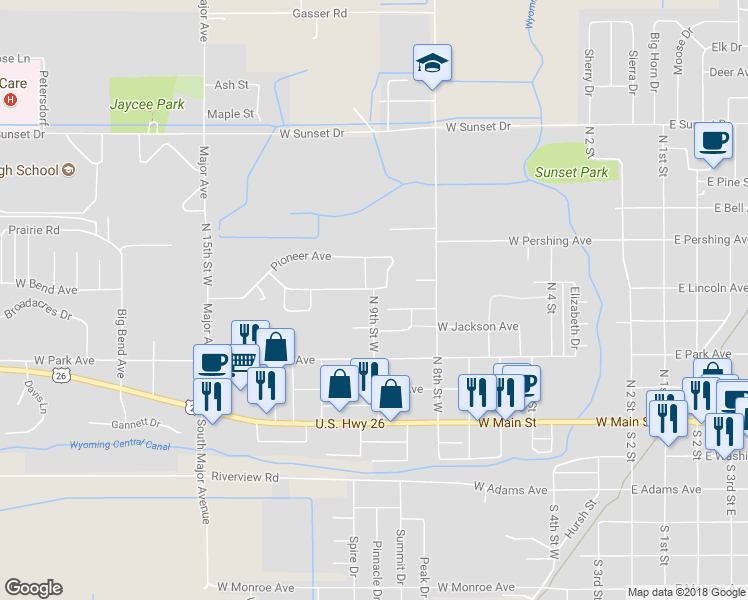 map of restaurants, bars, coffee shops, grocery stores, and more near 475 North 9th Street West in Riverton