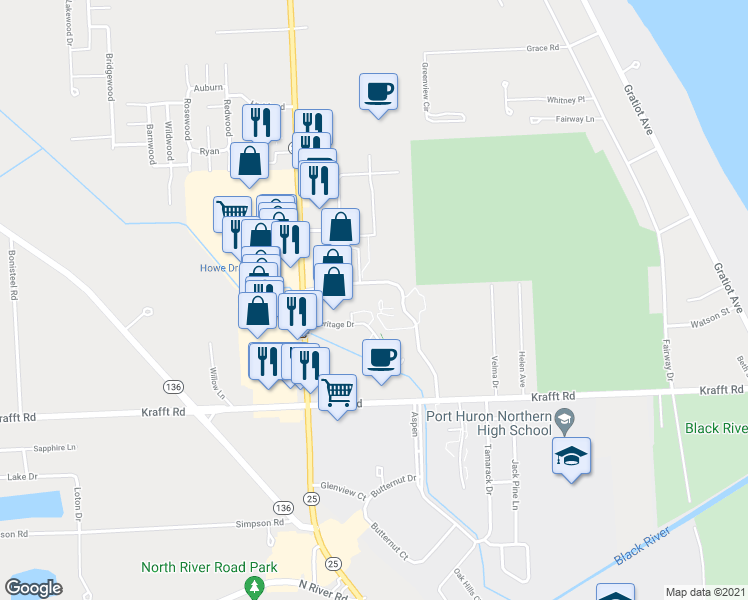 map of restaurants, bars, coffee shops, grocery stores, and more near 4170 24th Avenue in Fort Gratiot Township