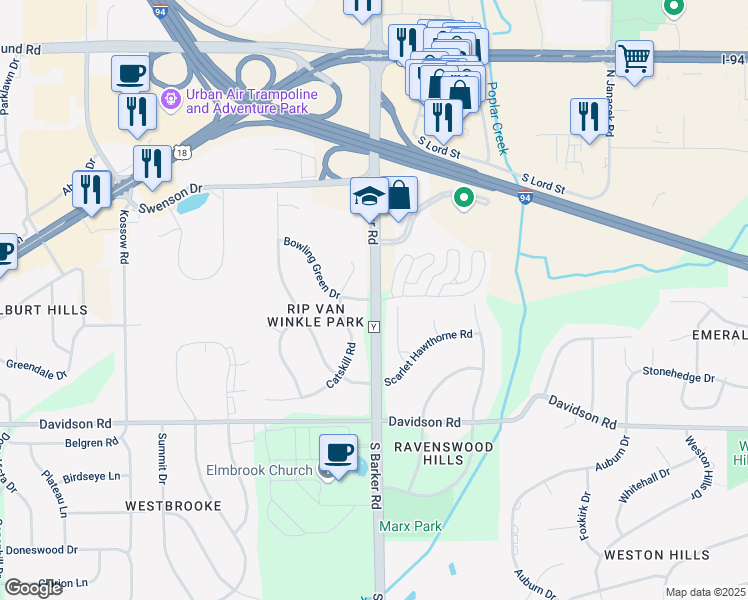 map of restaurants, bars, coffee shops, grocery stores, and more near S Barker Rd & Terrace Dr in Waukesha
