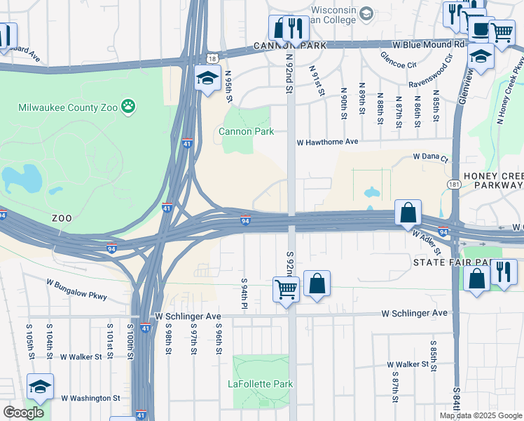 map of restaurants, bars, coffee shops, grocery stores, and more near 9341 West Dixon Street in Milwaukee