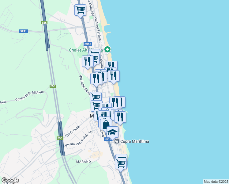 map of restaurants, bars, coffee shops, grocery stores, and more near Viale Giuseppe Romita in Cupra Marittima