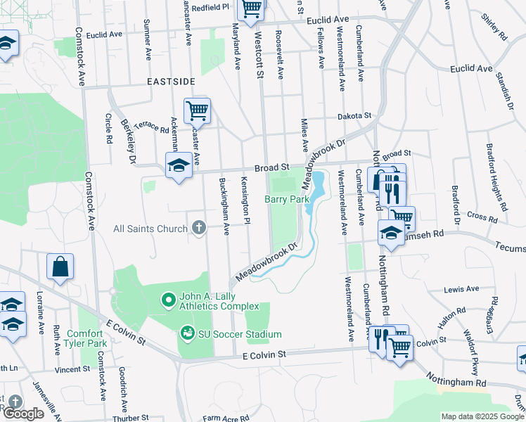 map of restaurants, bars, coffee shops, grocery stores, and more near 233 Kensington Place in Syracuse