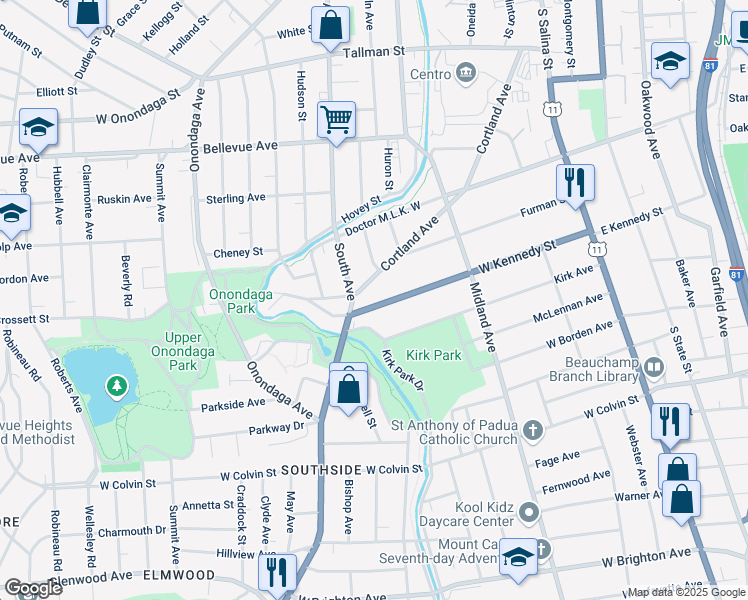 map of restaurants, bars, coffee shops, grocery stores, and more near 519 Cortland Avenue in Syracuse