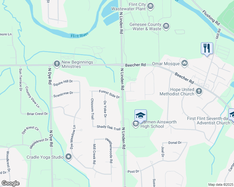 map of restaurants, bars, coffee shops, grocery stores, and more near 4908 Walnut Square Boulevard in Flint