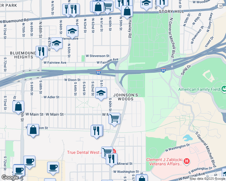 map of restaurants, bars, coffee shops, grocery stores, and more near 220 South 60th Street in Milwaukee