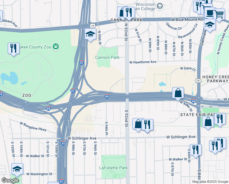 map of restaurants, bars, coffee shops, grocery stores, and more near 9341 West Dixon Street in Milwaukee