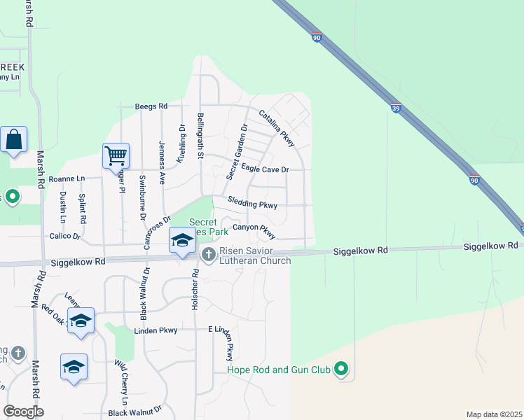map of restaurants, bars, coffee shops, grocery stores, and more near 6120 Sledding Parkway in McFarland