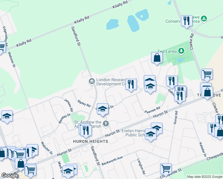 map of restaurants, bars, coffee shops, grocery stores, and more near 965 Apache Road in London