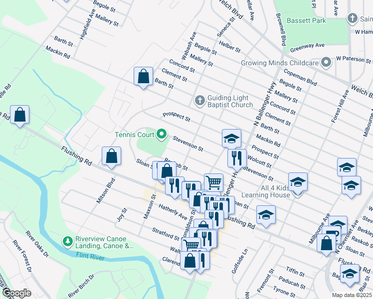 map of restaurants, bars, coffee shops, grocery stores, and more near 1259 Sutton Avenue in Flint