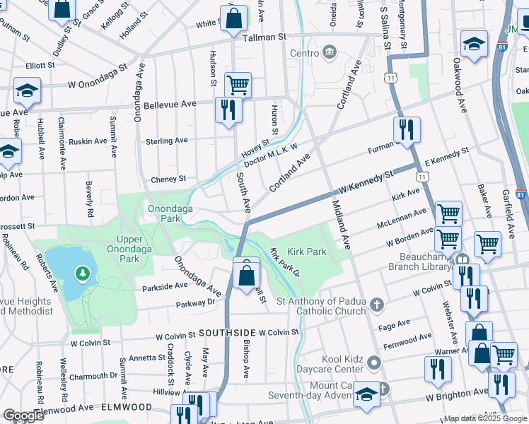 map of restaurants, bars, coffee shops, grocery stores, and more near 519 Cortland Avenue in Syracuse