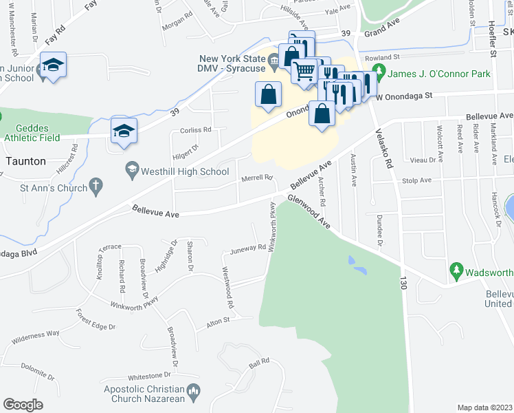 map of restaurants, bars, coffee shops, grocery stores, and more near 2521 Bellevue Avenue in Syracuse