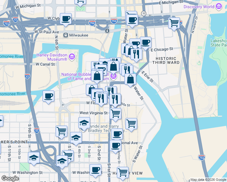 map of restaurants, bars, coffee shops, grocery stores, and more near 117 East Pittsburgh Avenue in Milwaukee