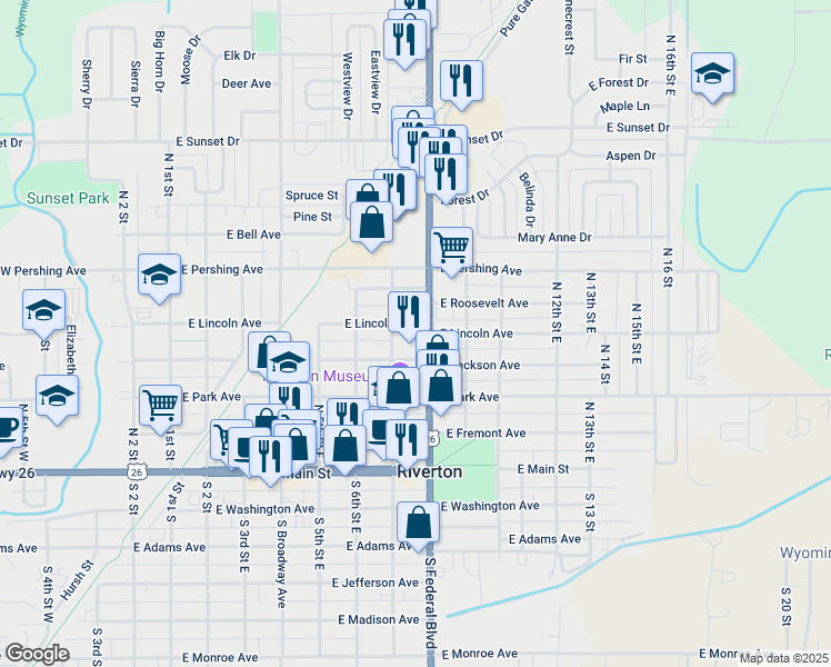 map of restaurants, bars, coffee shops, grocery stores, and more near 502 U.S. Highway 26 in Riverton
