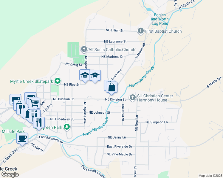 map of restaurants, bars, coffee shops, grocery stores, and more near 696 North Myrtle Road in Myrtle Creek