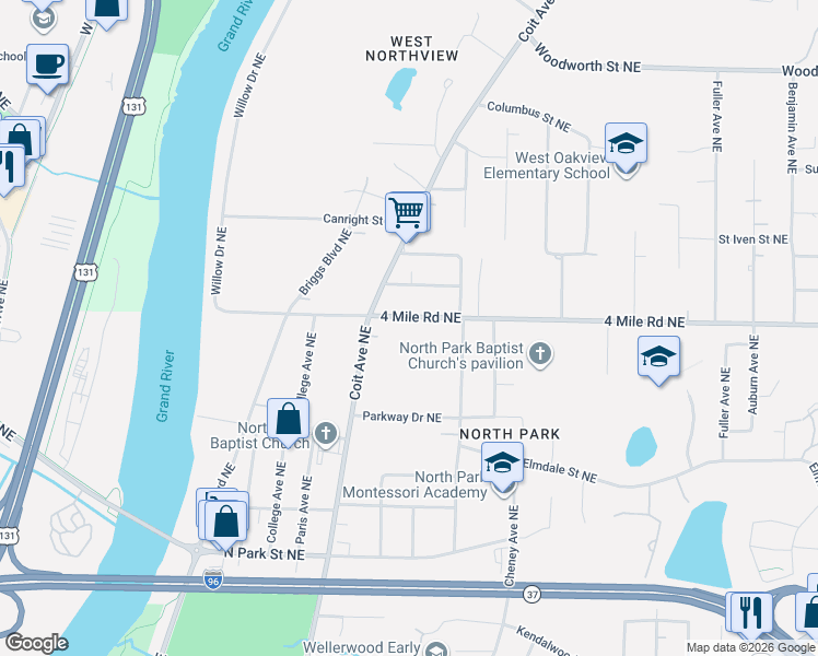 map of restaurants, bars, coffee shops, grocery stores, and more near 725 4 Mile Road Northeast in Grand Rapids
