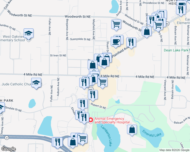 map of restaurants, bars, coffee shops, grocery stores, and more near 1542 4 Mile Road Northeast in Grand Rapids