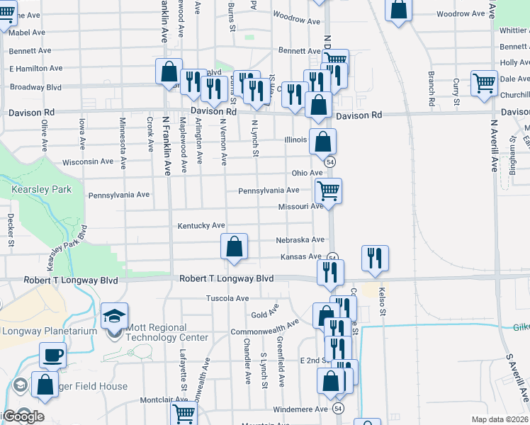 map of restaurants, bars, coffee shops, grocery stores, and more near 2401 Missouri Avenue in Flint