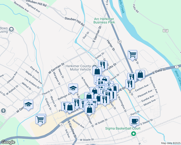map of restaurants, bars, coffee shops, grocery stores, and more near 320 North Main Street in Herkimer