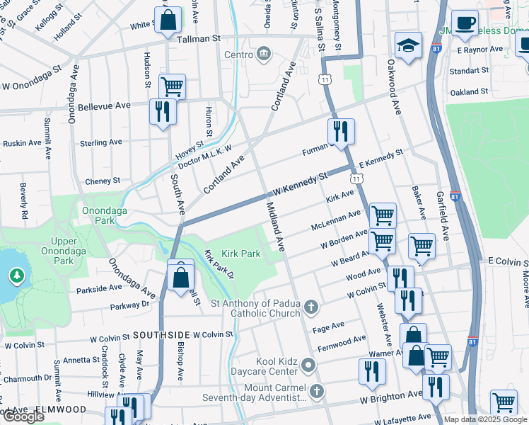 map of restaurants, bars, coffee shops, grocery stores, and more near 309 West Kennedy Street in Syracuse