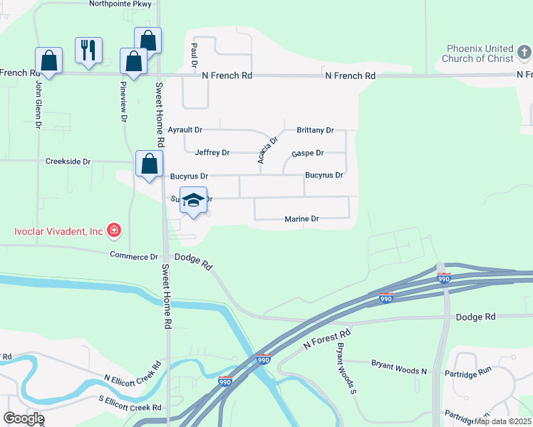 map of restaurants, bars, coffee shops, grocery stores, and more near 127 Sunshine Drive in Buffalo