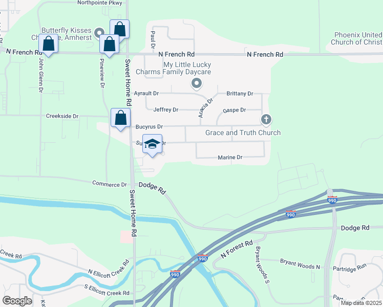 map of restaurants, bars, coffee shops, grocery stores, and more near 127 Sunshine Drive in Buffalo