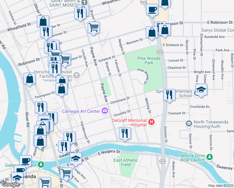 map of restaurants, bars, coffee shops, grocery stores, and more near 208 Falconer Street in North Tonawanda