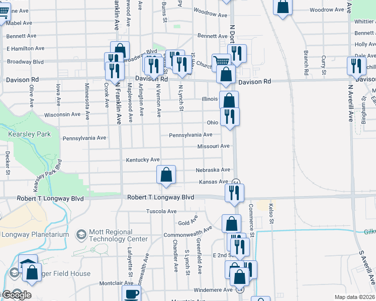 map of restaurants, bars, coffee shops, grocery stores, and more near 2401 Missouri Avenue in Flint
