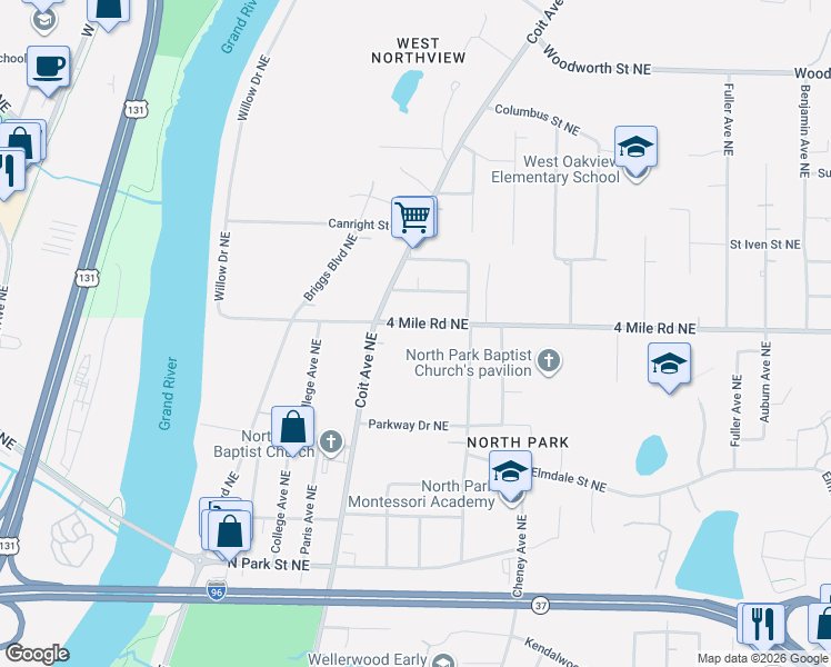 map of restaurants, bars, coffee shops, grocery stores, and more near 725 4 Mile Road Northeast in Grand Rapids