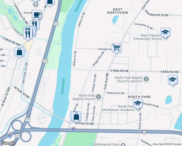 map of restaurants, bars, coffee shops, grocery stores, and more near 537 4 Mile Road Northeast in Grand Rapids