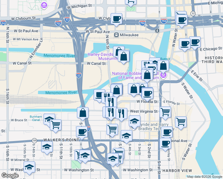 map of restaurants, bars, coffee shops, grocery stores, and more near 220 South 6th Street in Milwaukee