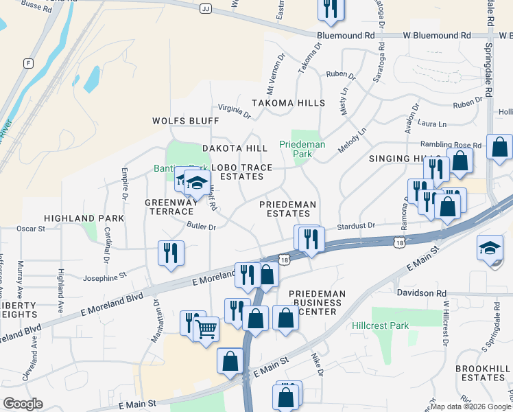 map of restaurants, bars, coffee shops, grocery stores, and more near 1934 Harvest Lane in Waukesha