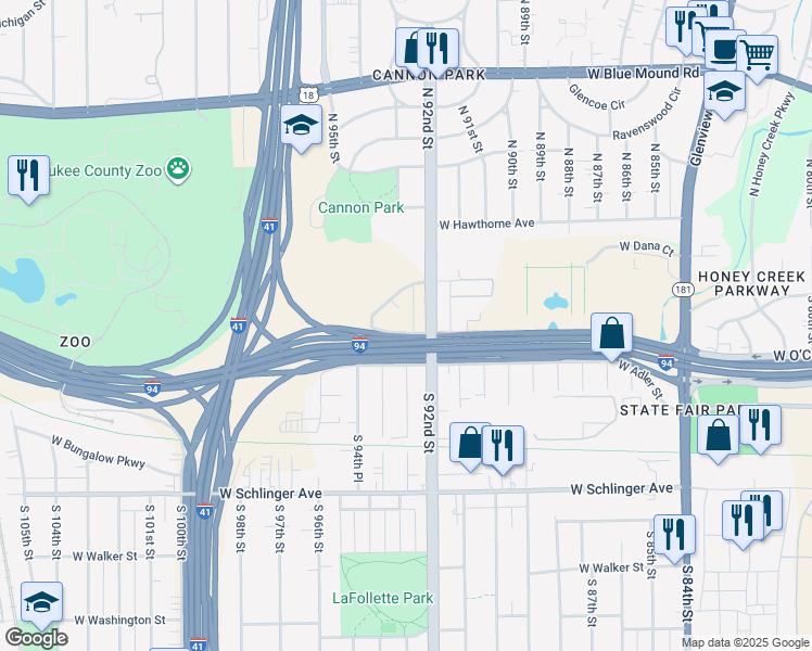 map of restaurants, bars, coffee shops, grocery stores, and more near 9341 West Dixon Street in Milwaukee