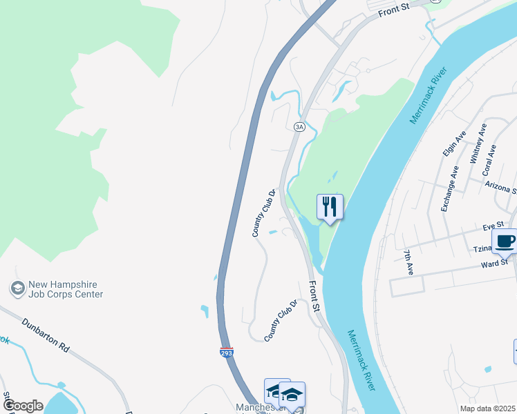 map of restaurants, bars, coffee shops, grocery stores, and more near 22 Country Club Drive in Manchester