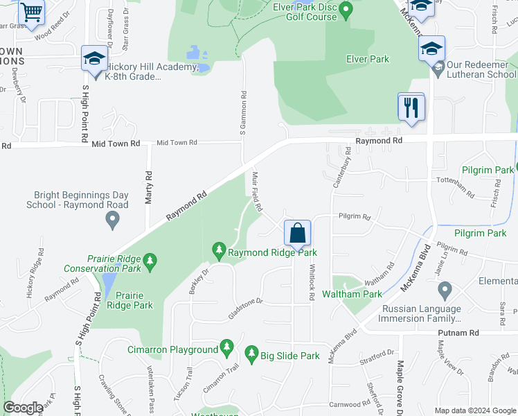 map of restaurants, bars, coffee shops, grocery stores, and more near 2165 Muir Field Road in Madison