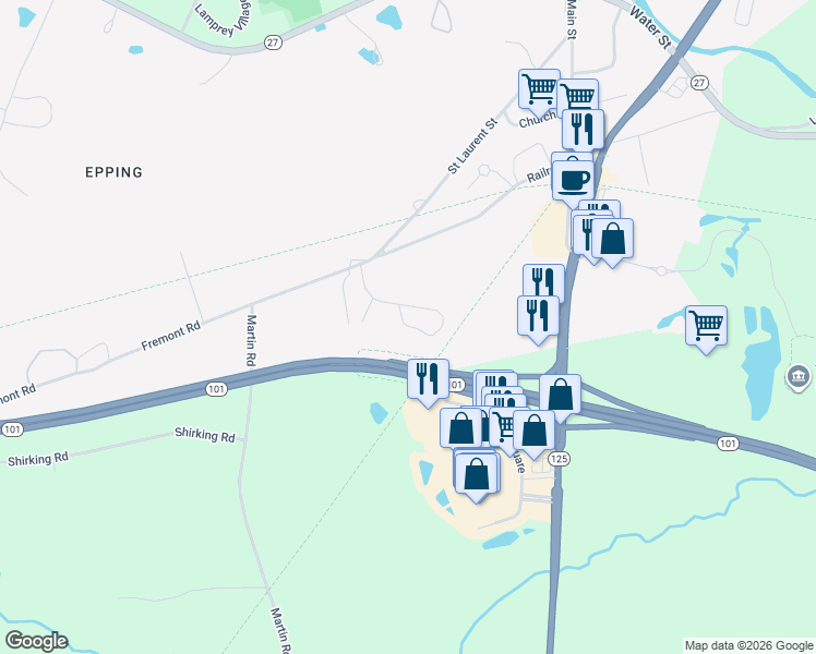 map of restaurants, bars, coffee shops, grocery stores, and more near 29 Leddy Drive in Epping