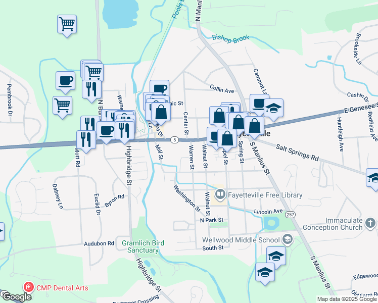 map of restaurants, bars, coffee shops, grocery stores, and more near 102 Warren Street in Fayetteville