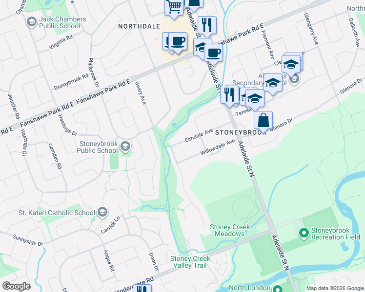 map of restaurants, bars, coffee shops, grocery stores, and more near 543 Elmdale Avenue in London