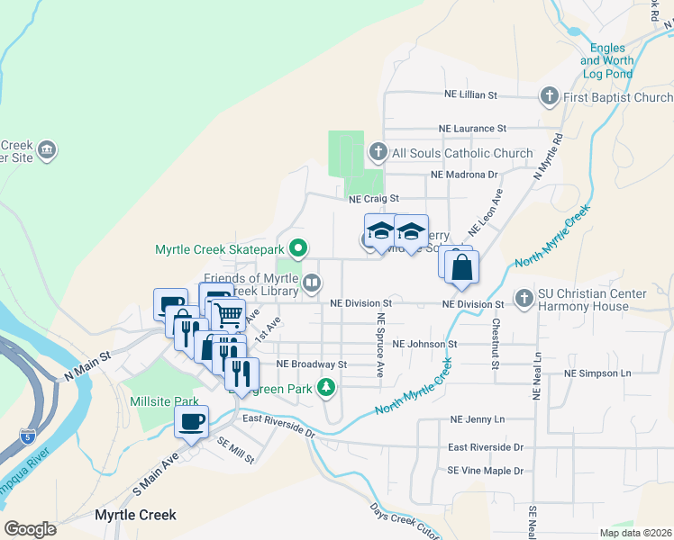map of restaurants, bars, coffee shops, grocery stores, and more near 726 Northeast Cedar Avenue in Myrtle Creek