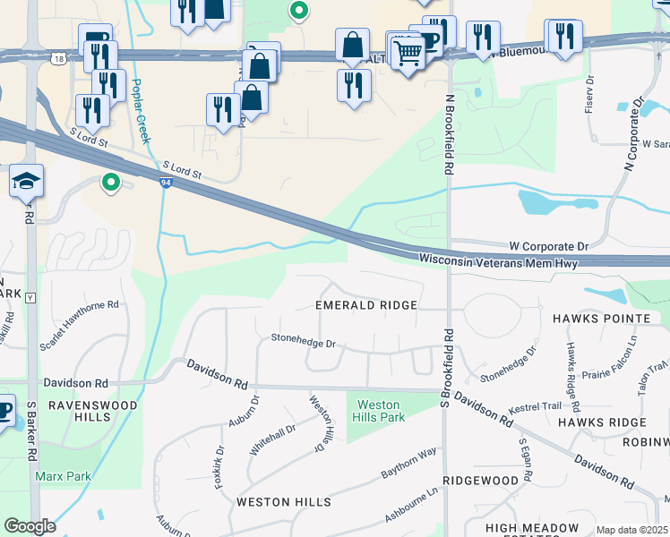 map of restaurants, bars, coffee shops, grocery stores, and more near 19280 Emerald Drive in Brookfield