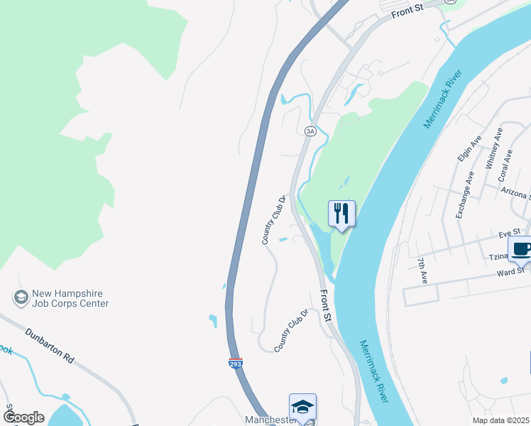 map of restaurants, bars, coffee shops, grocery stores, and more near 22 Country Club Drive in Manchester