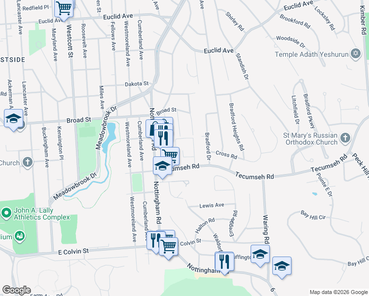 map of restaurants, bars, coffee shops, grocery stores, and more near 115 Croyden Lane in Syracuse