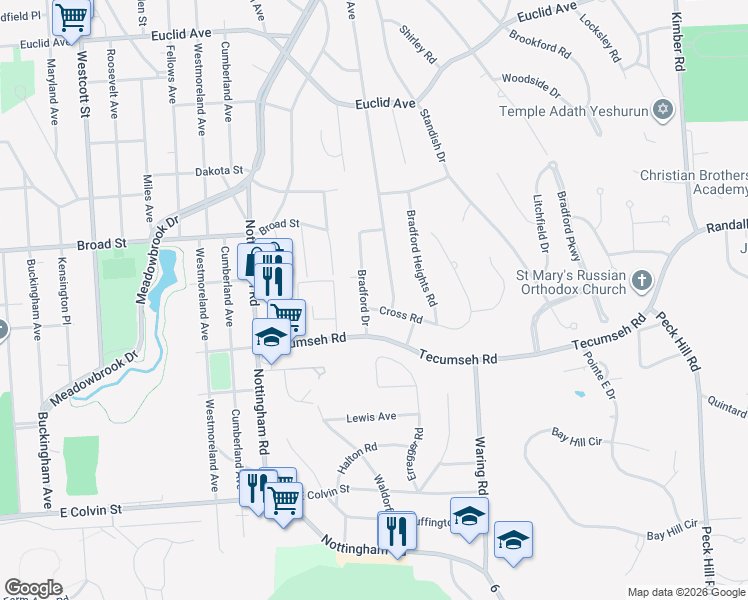 map of restaurants, bars, coffee shops, grocery stores, and more near 20 Bradford Drive in Syracuse