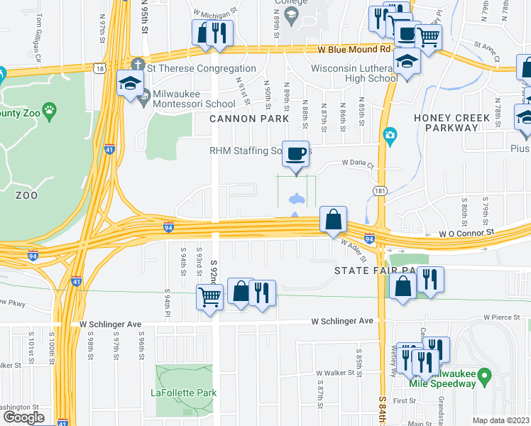 map of restaurants, bars, coffee shops, grocery stores, and more near 9000 West Chester Street in Milwaukee