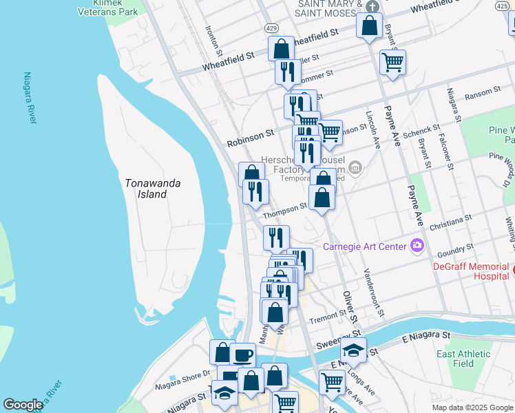 map of restaurants, bars, coffee shops, grocery stores, and more near 273 Main Street in North Tonawanda